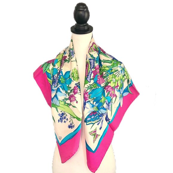 MCM -ONLY ONE- Hot Pink & Blue Floral Butterfly Print 34" 100% Silk Scarf VGUC - Picture 11 of 11